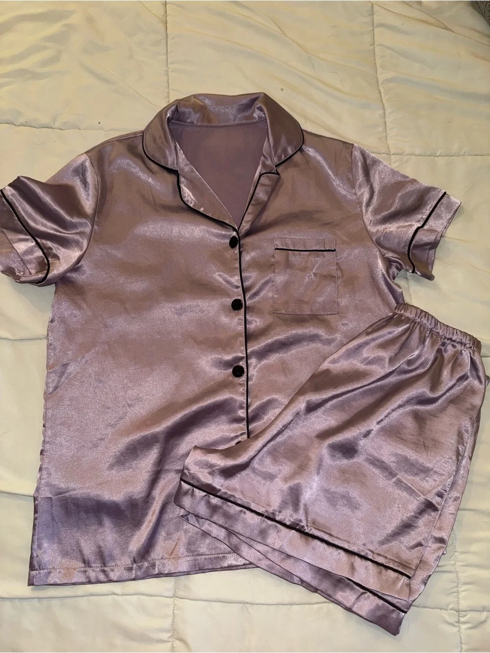 Satin Lavender Short Sleeve Pajama Set with Black Piping
